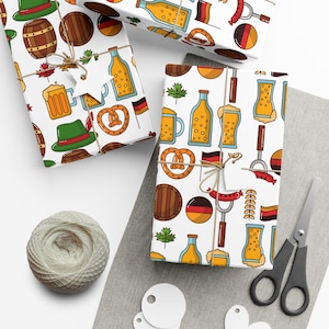 German Oktoberfest Gift Wrapping Paper | Beer Mugs, Pretzels, Sausages and Flags | Germany-Inspired Wrap for Festivals and Europe Lovers