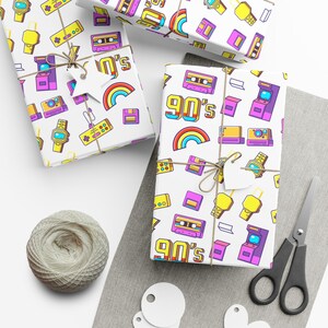 Retro 90s Vibes Wrapping Paper | Cassette Tapes, Game Boys, Floppy Disks and Funky Patterns | Bold and Colorful Gift Wrap for 90s Birthday
