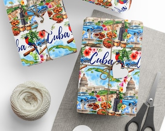 Cuba Gift Wrapping Paper | Watercolor Icons with Classic Cars, Havana Capitolio, Cigars, Rum, Mojitos, Tropical Birds & Flowers