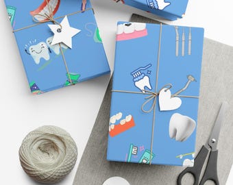 Dentist Gift Wrapping Paper | Fun Blue Design with Teeth, Toothbrushes and Dental Tools | Perfect Wrap for Dental Professionals and Gifts