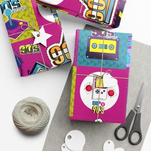 Retro 90s Gift Wrapping Paper | Colorful Design with Cassette Tapes, Game Boys, Floppy Disks and Funky Patterns | Perfect for 90s Parties