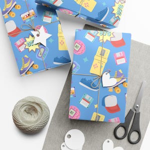 Retro 90s Gift Wrapping Paper | Vibrant Design with Cassette Tapes, Game Boys, Floppy Disks and Bold Patterns | Perfect for Nostalgic Gifts