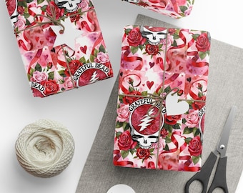 Fascia per capelli Deadhead / Cuore grato / Illustrazione a forma di fulmine / Regalo per amanti della musica / GD di San Valentino / Rosa e teschio