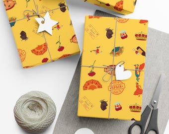 Spain Gift Wrapping Paper | Flags, Flamenco, Fans and Cultural Icons | Unisex Wrap for Birthdays, All Ages and Spanish-Themed Celebrations