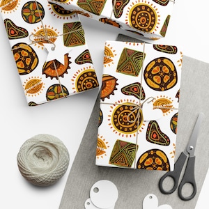 Rustic Tribal Gift Wrapping Paper | Brown, Orange and Yellow Patterns with Ethnic Motifs | Perfect for Holidays, Birthdays and Culture