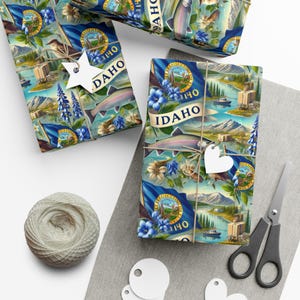 Idaho Geschenkpapier | Berge, Forelle, Drosseln und Staatsflagge | Von der Natur inspirierte Verpackung für Geburtstage, Feiertage und für besondere Geschenke