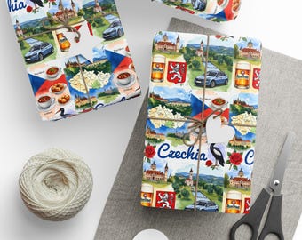 Czechia Gift Wrapping Paper | Watercolor Icons with Prague Castle, Charles Bridge, Pilsner Beer, Goulash, Trdelník, Mole & Bohemian Charm