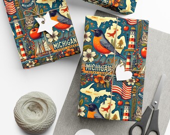 Carta da regalo del Michigan / Bandiera dello Stato / Pettirossi / Fiori di melo / Illustrazione del faro / Barca a vela / Nautico