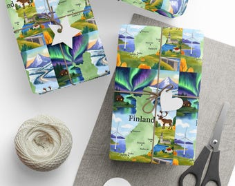 Finland Gift Wrapping Paper | Northern Lights, Saunas & Iconic Landmarks of Finland | Unisex Cultural Gift Wrap