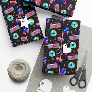 Retro 80s Gift Wrapping Paper | Boomboxes, Cassettes, Roller Skates and CDs on Black | Fun Nostalgic Wrap for Birthdays and All Occasions