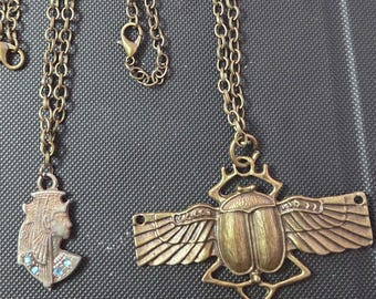 2 Egyptian bronze chains 20"  Queen Cleopatra and scarab Symbolizing rebirth