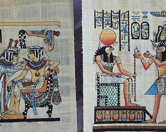 Set di 2 papiri egizi dipinti a mano, raffiguranti il faraone Tutankhamon e Horus, dio del cielo, della regalità, della protezione e della guerra.