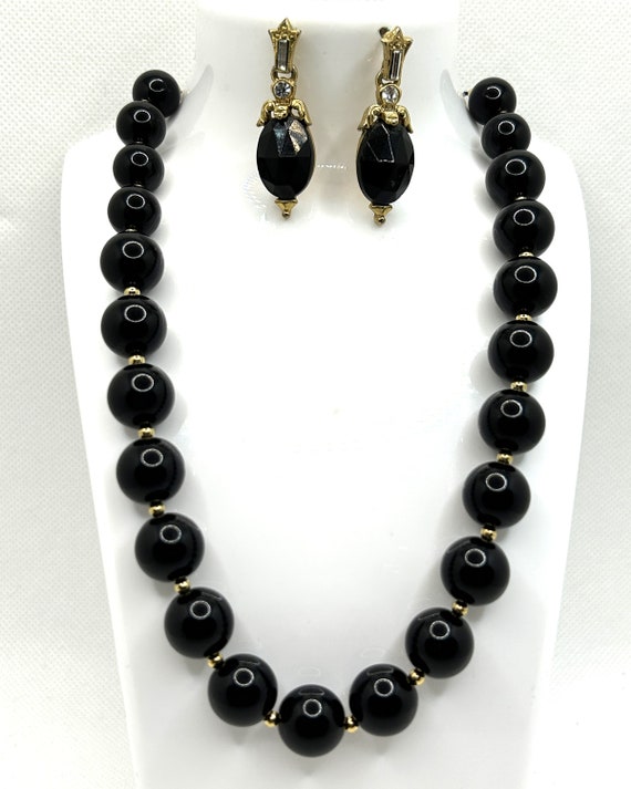 Vintage Monet Black Bead Necklace Earring Set Bra… - image 4