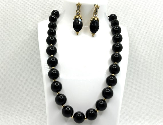 Vintage Monet Black Bead Necklace Earring Set Bra… - image 1