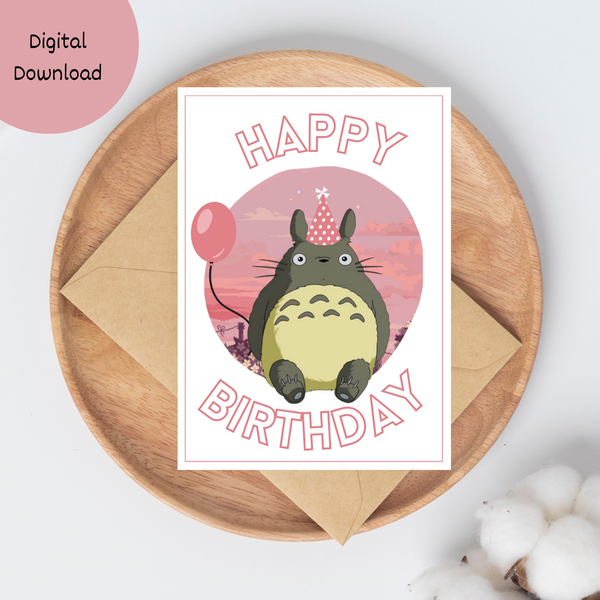 Pink Totoro Birthday Card, Cute and Adorable Totoro, Studio Ghibli