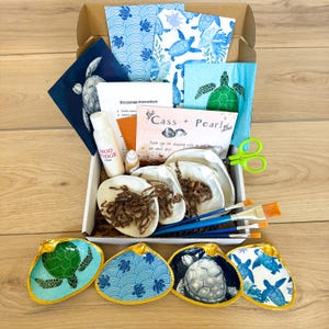 Może przedstawiać: Zestaw do decoupage w kartonowym pudełku zawierający cztery ozdobione muszle, papierowe serwetki z motywami żółwi morskich, butelkę kleju Mod Podge, pędzle, małe nożyczki oraz karty z instrukcjami z napisem Cass + Pearl.