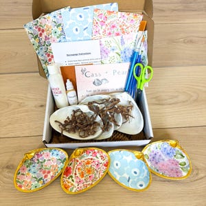 May include: A craft kit in a box, featuring decoupage instructions, Mod Podge, DecoArt, patterned napkins, paintbrushes, and scissors. Includes several seashell-shaped dishes with floral designs and gold trim, ready for crafting.