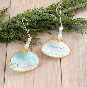 Coastal Christmas Ornament, Christmas Gift, Decoupage Clam Shell, Beach Ornament, Nautical Ornament, Gilded Shell, Party Favor, Gift Tag