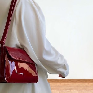 Retro Red Patent Leather Small Square Bag, Vintage Crossbody Bag, Bright Leather Bag, Patent Leather Bag, Underarm Bag, Gift For Her.