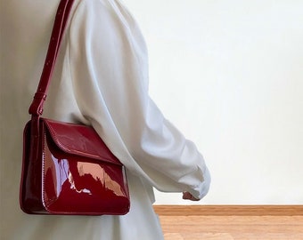 Retro Red Patent Leather Small Square Bag, Vintage Crossbody Bag, Bright Leather Bag, Patent Leather Bag, Underarm Bag, Gift For Her.