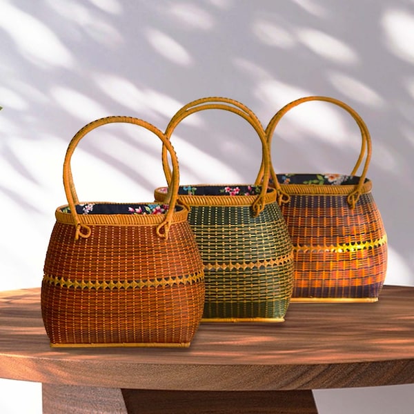 Vietnam pure handmade basket, Handmade woven bamboo handbag, Bamboo woven bag, Straw woven bag, Package picnic basket