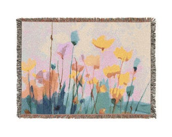 Pastel Wildflower Meadow Woven Blanket | Floral Tapestry Throw