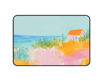 Coastal Cottage Painting Desk Mat | Beach Landscape Mouse Pad