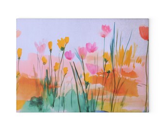 Watercolor Wildflowers Glass Cutting Board | Pastel Floral Kitchen Decor