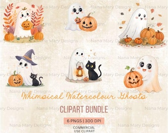 Conjunto de imágenes prediseñadas de fantasmas de Halloween en acuarela / Calabazas, gatos (PNG)