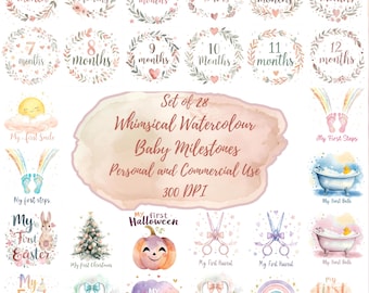 May include: A set of 28 watercolor baby milestone cards. The cards feature floral wreaths for monthly milestones, along with illustrations for first smile, steps, Easter, Christmas, Halloween, haircut, birthday, teeth, words, and solid food.