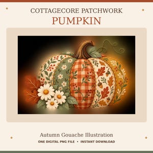 Cottagecore Patchwork Pumpkin PNG, Fall Floral Pumpkin Clipart, Autumn Gouache Design, Sublimation and Shirt Design, Digital Download