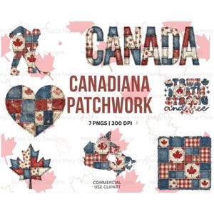 Könnte beinhalten: Digitale Grafiken mit kanadischen Patchwork-Designs. Das Bild enthält das Wort "CANADA", ein Herz, ein Ahornblatt und einen Hockeyspieler, alle im Patchwork-Stil. Der Text "CANADIANA PATCHWORK" ist ebenfalls vorhanden.