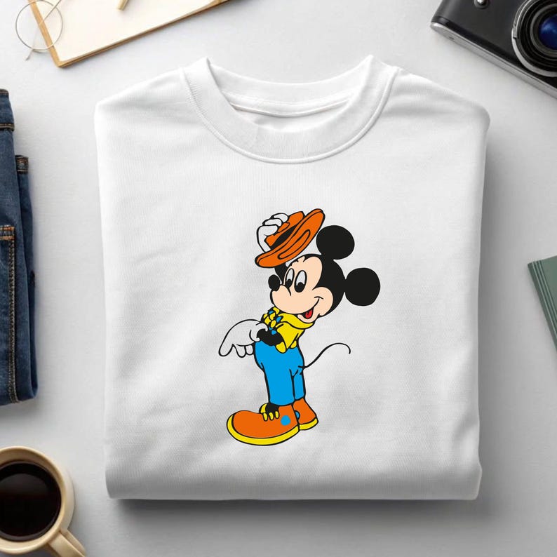 May include: White crew neck sweatshirt featuring a cartoon image of Mickey Mouse. Mickey is wearing a yellow shirt, blue pants, orange shoes, and holding an orange hat. The design is centered on the front of the sweatshirt.