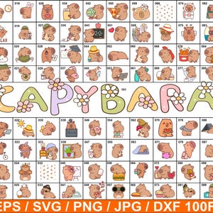 May include: A digital art print showcasing 100 cartoon capybaras in diverse poses and with various accessories. The word "CAPYBARA" is displayed in large, colourful letters. The bottom of the image includes the text "AI / EPS / SVG / PNG / JPG / DXF 100FILES".