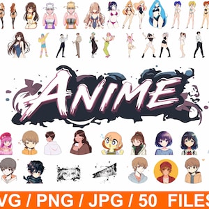 50 designs fofos de anime, pacotes com fundo transparente, camisetas com capuz de anime PNG, SVG de anime, impressão sob demanda