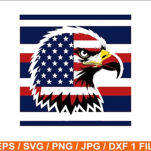 Könnte beinhalten: Ein patriotisches Grafikdesign mit dem Kopf eines amerikanischen Weißkopfseeadlers, in das die US-Flagge integriert ist. Der Adlerkopf befindet sich vor einem Hintergrund aus roten, weißen und blauen Streifen und Sternen, ein Symbol für Nationalstolz.