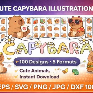 100 schattige capibara-clipart, kawaii dierenstickers (digitale download)
