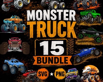 Monster Truck SVG PNG Bundle, 15 Designs, Kids Party Clipart
