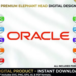 May include: A digital design file featuring the word ORACLE in bold red capital letters. The image is surrounded by ten circular icons representing file formats including SVG, PNG, EPS, AI, and PDF. Text at the top reads PREMIUM ELEPHANT HEAD DIGITAL DESIGN.
