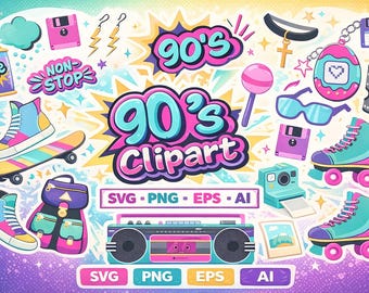 90s Clipart Bundle – Retro Nostalgia Graphics, Y2K Stickers, T-Shirt Design (svg, png, eps, ai)