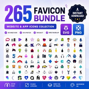 May include: A digital bundle of 265 favicon icons for websites and apps, featuring a variety of colorful graphic symbols in SVG and PNG formats. The display includes a large title, an instant download badge, and a grid of diverse icons.
