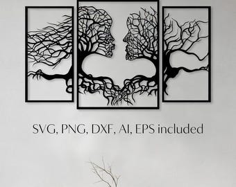 Tree of Life Wall Art, 3 Panel Split Metal Wall Decor Files, Lovers Face Silhouette Laser Cut Vector, CNC Plasma DXF SVG Vector Files