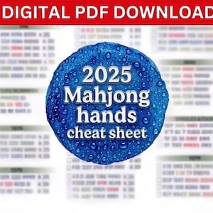 May include: A digital PDF download featuring a blue circular graphic with water droplets and the white text 2025 Mahjong hands cheat sheet. The background displays a blurred, out-of-focus grid of numbers and text related to Mahjong gameplay.