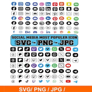 以下が含まれることがあります： Facebook、Instagram、Twitterなど、白黒のソーシャルメディアアイコンのコレクション。画像には「SOCIAL MEDIA MOST POPULER ICON SVG - PNG - JPG」というテキストも表示されています。
