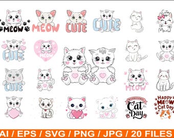 Kawaii Cat Clipart Bundle – Animal SVG, PNG, EPS Files (20 Piece Set)