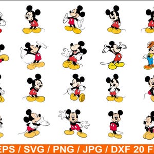 May include: A collection of 20 cartoon illustrations of Mickey Mouse in various poses. Mickey is depicted with his signature black ears, red shorts, yellow shoes, and white gloves. The image includes the text "AI / EPS / SVG / PNG / JPG / DXF 20 FILES".