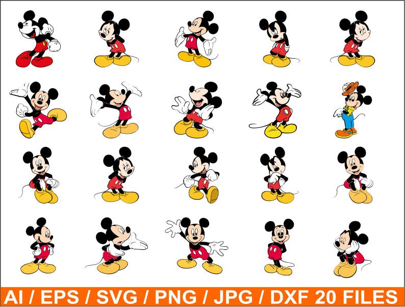 May include: A collection of 20 cartoon illustrations of Mickey Mouse in various poses. Mickey is depicted with his signature black ears, red shorts, yellow shoes, and white gloves. The image includes the text "AI / EPS / SVG / PNG / JPG / DXF 20 FILES".