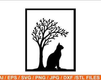 Cat and Tree Silhouette Wall Art: Laser Cut Files (Digital Download)