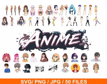 Kawaii Anime Clipart Designs, SVG PNG JPG Bundle (50 Files)