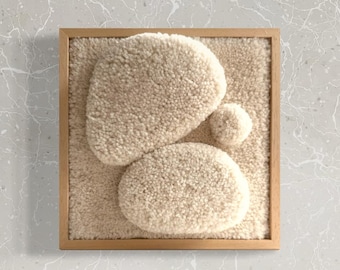 Ecru Wool Wall Hanging: Handmade Textile Art, Wooden Frame (20x20 cm)